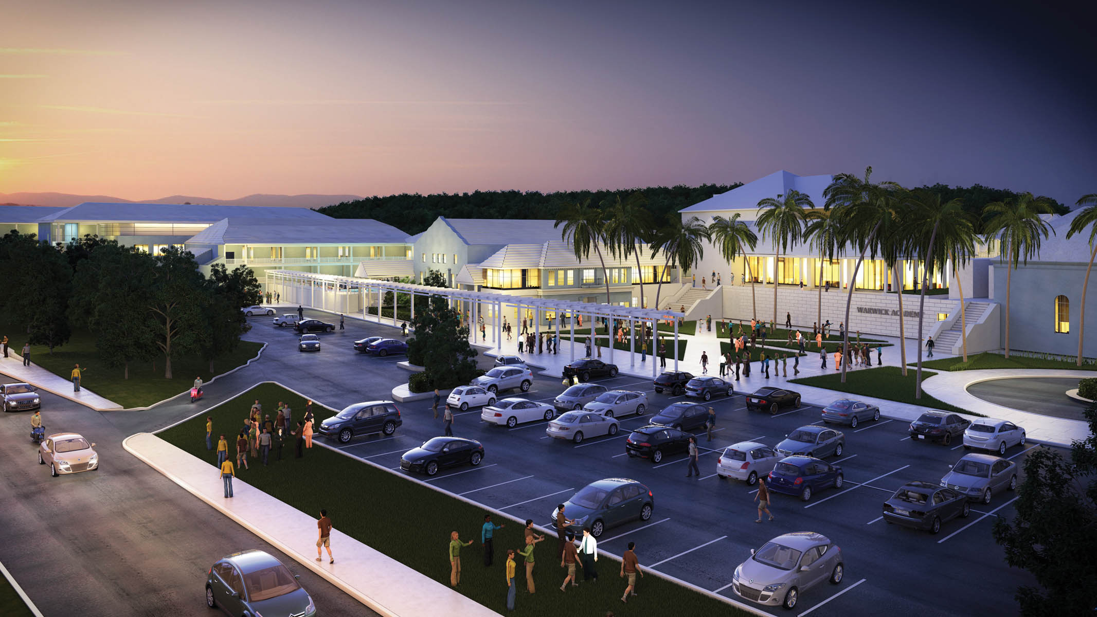 Rendering of illuminated Academy complex with palm trees with parking lot in foreground and mountains in background at dusk