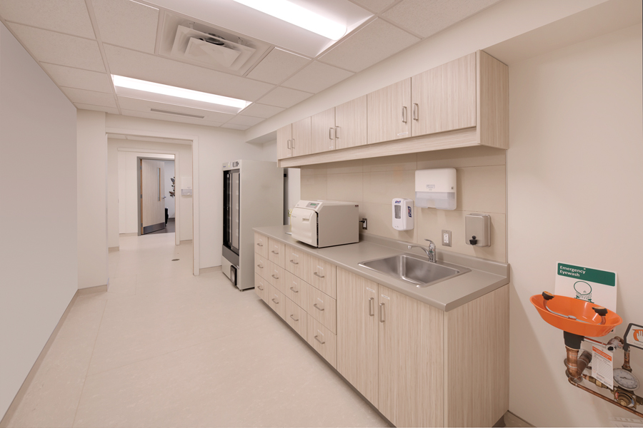 Medical station including orange eye wash station with sink, cupboards and sterilization machine