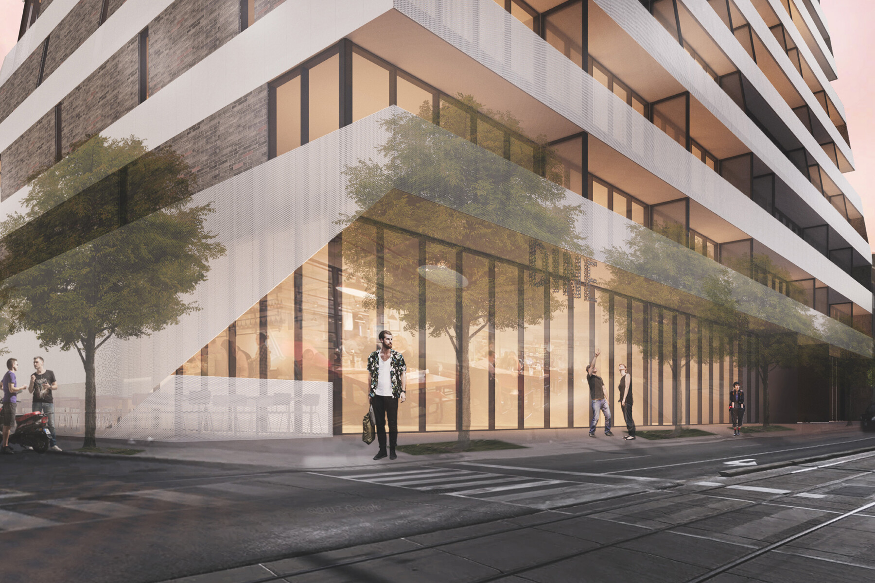 Rendering of illuminated condo at street level at dusk with pedestrians