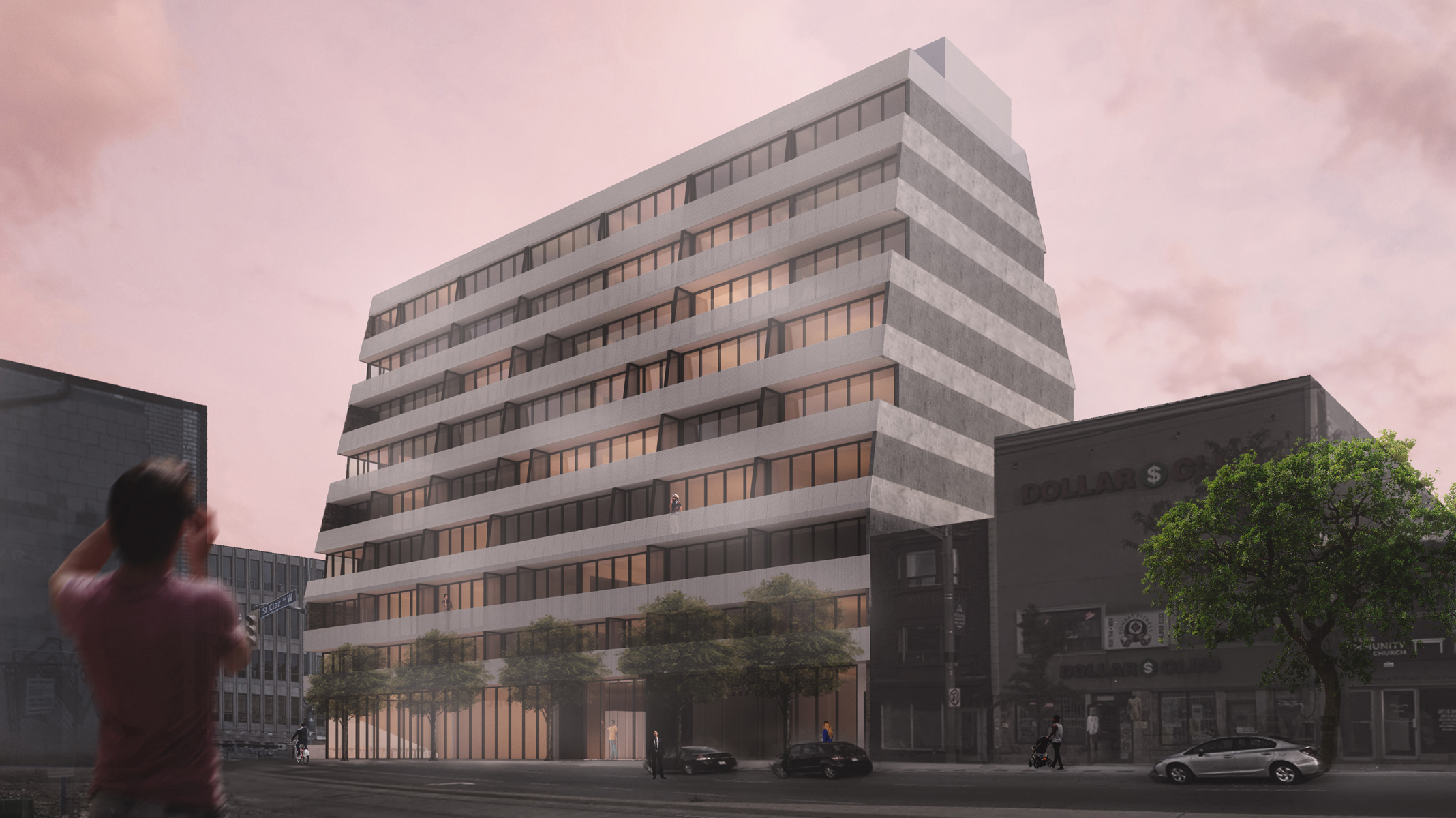 Rendering of illuminated condo from across the street at dusk