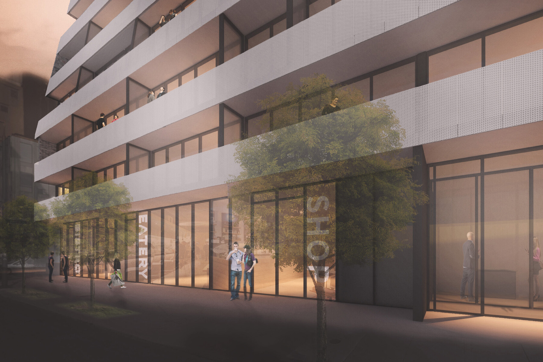 Rendering of illuminated condo at street level with bistro, eatery and shops at dusk