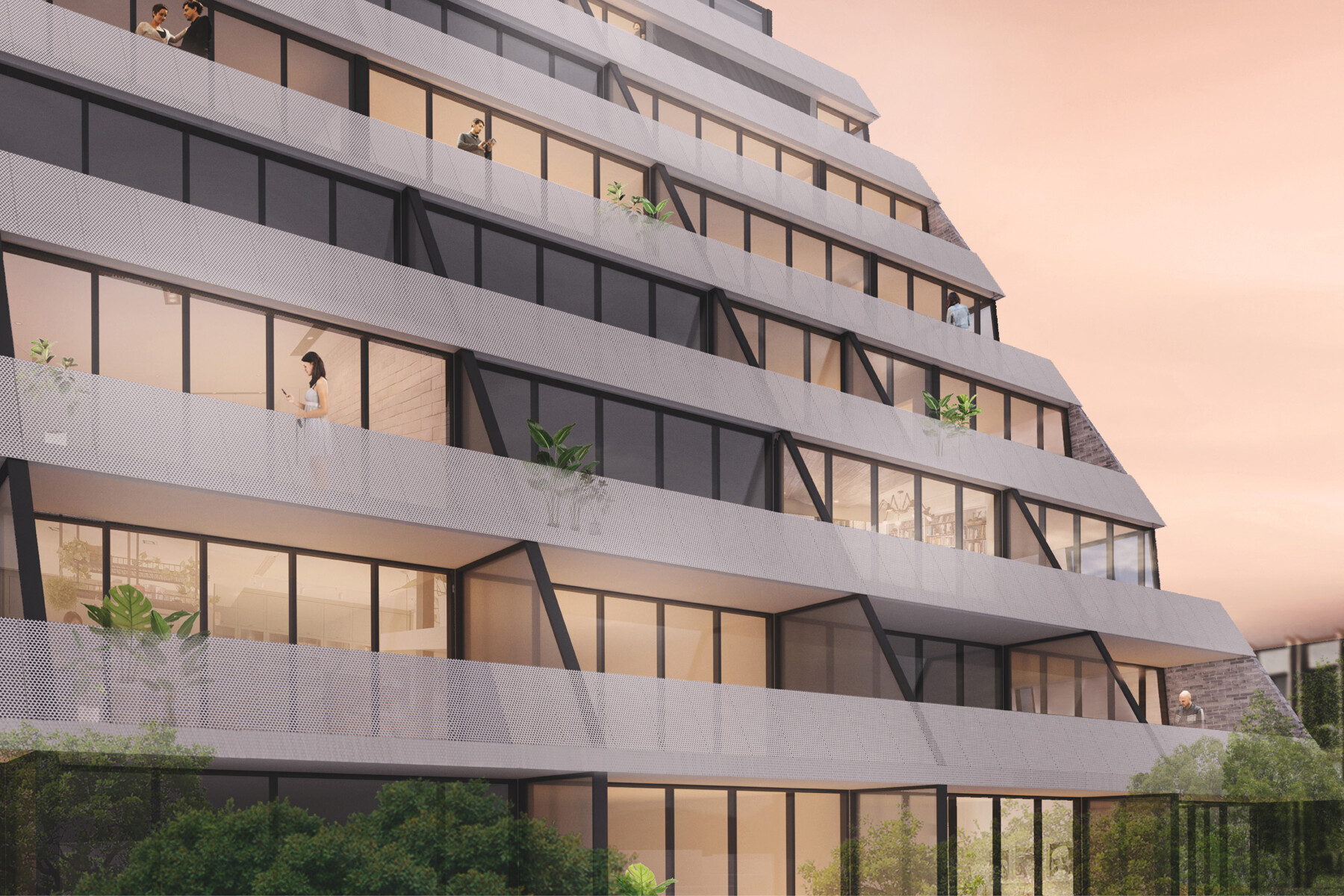 Rendering of close up of illuminated condo balconies with plants at dusk