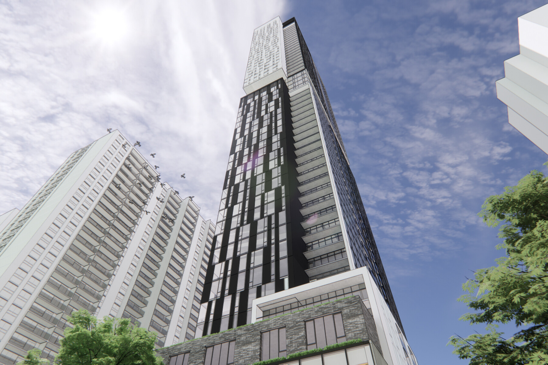 Rendering of view of condo looking up from sidewalk