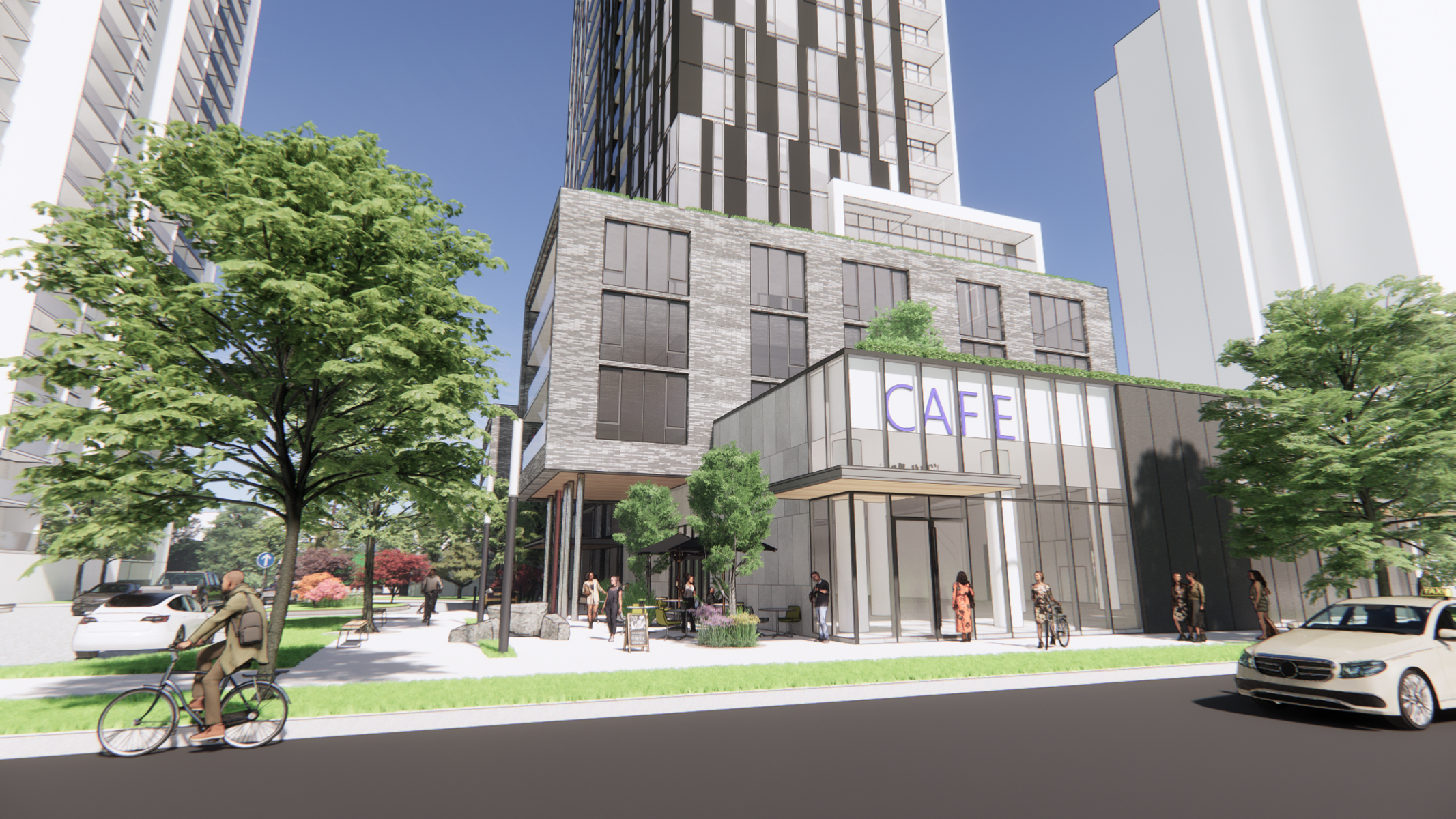 Rendering of street level view of condo including cafe at street level