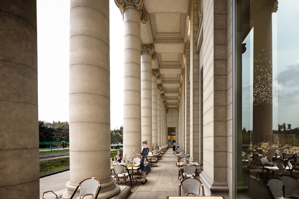 Outdoor cafe in colonnade with ionic columns