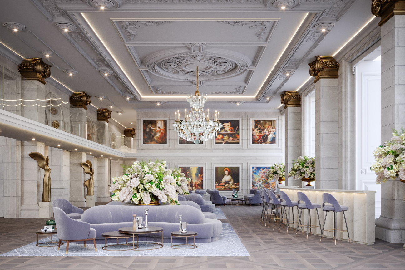 Lobby lounge with grey couches and lounge chairs, white decorative ceiling with chandelier and colourful art