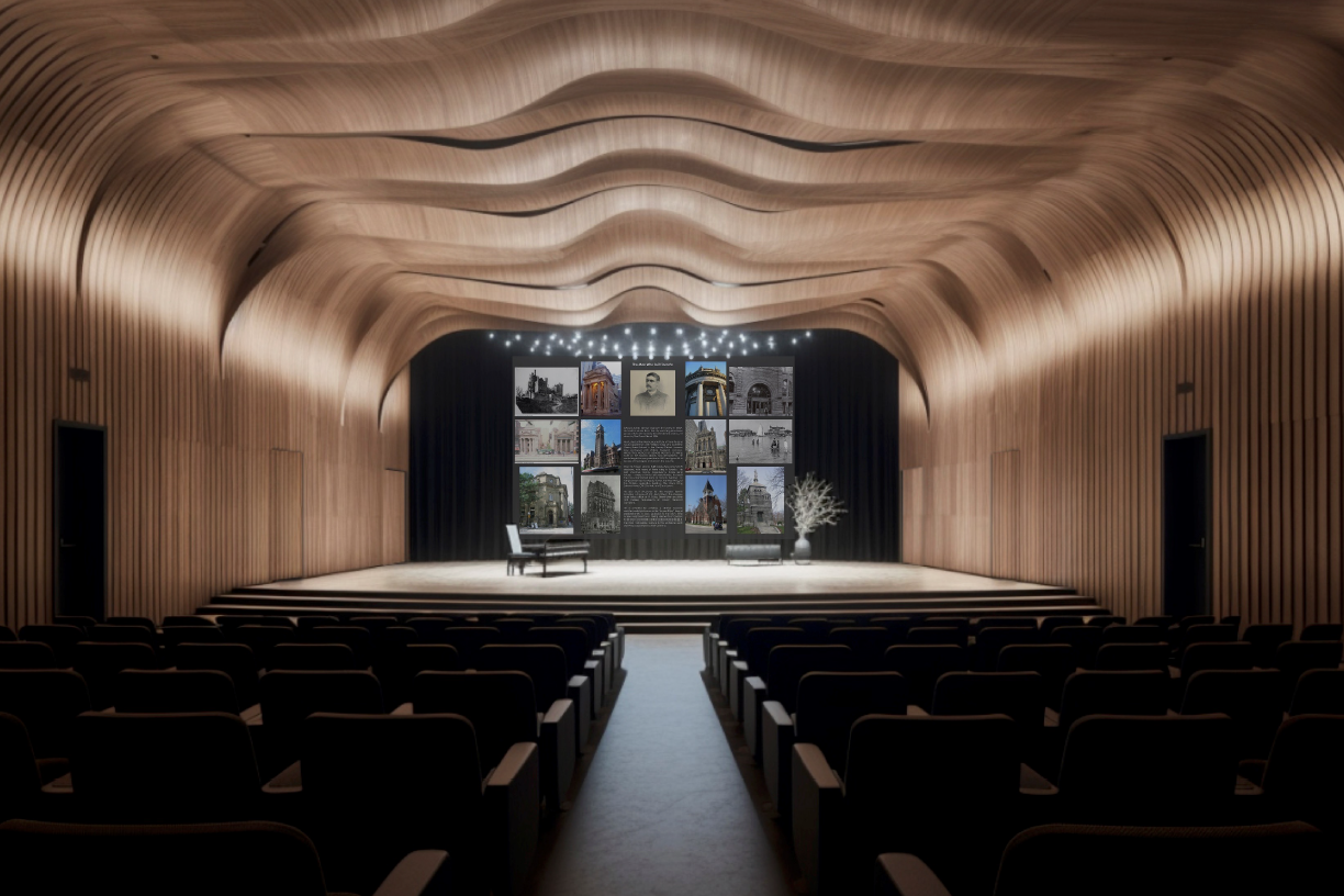 View of theatre space with curved wood ceiling
